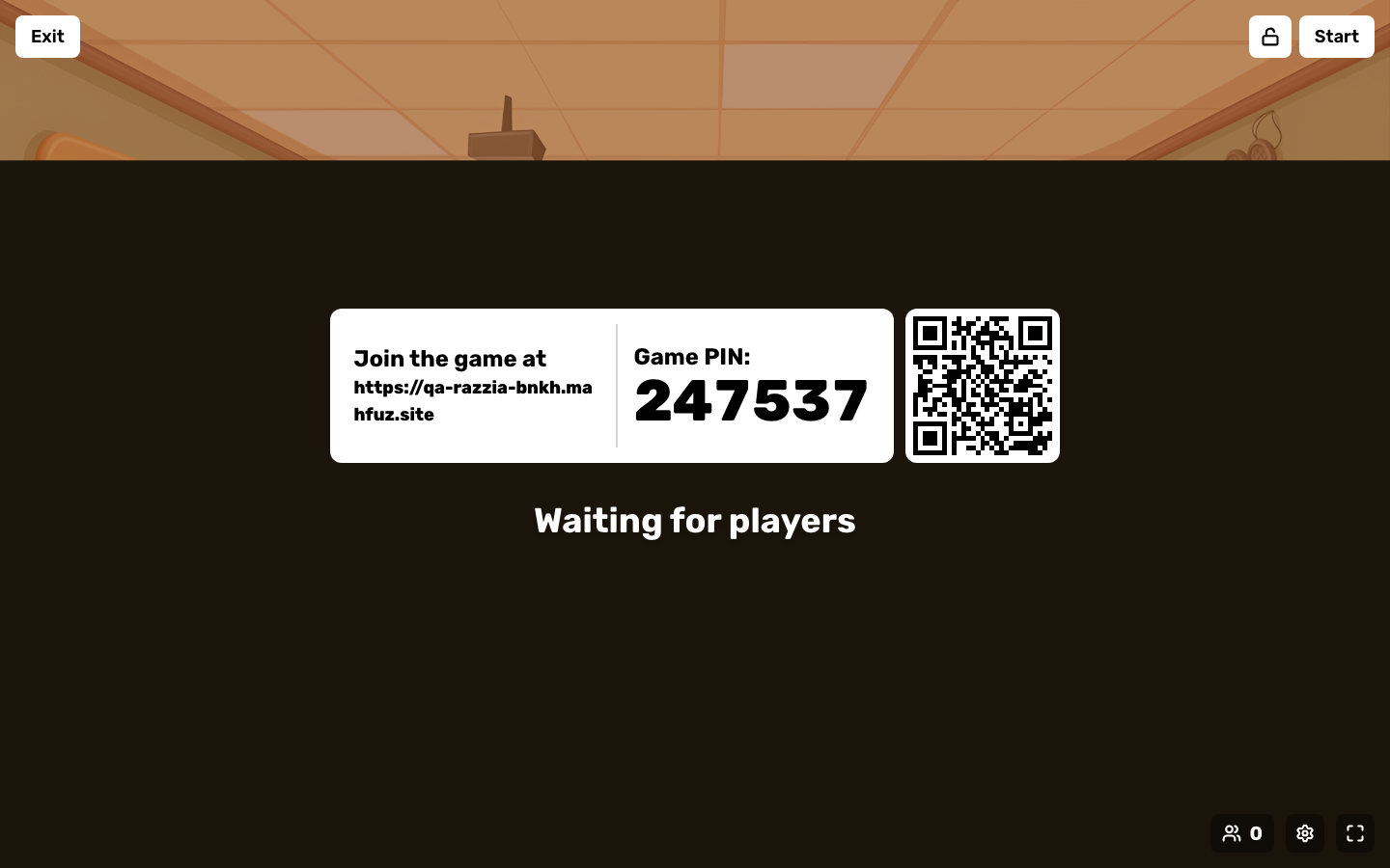 A Razzia game lobby showing the game PIN players enter to join