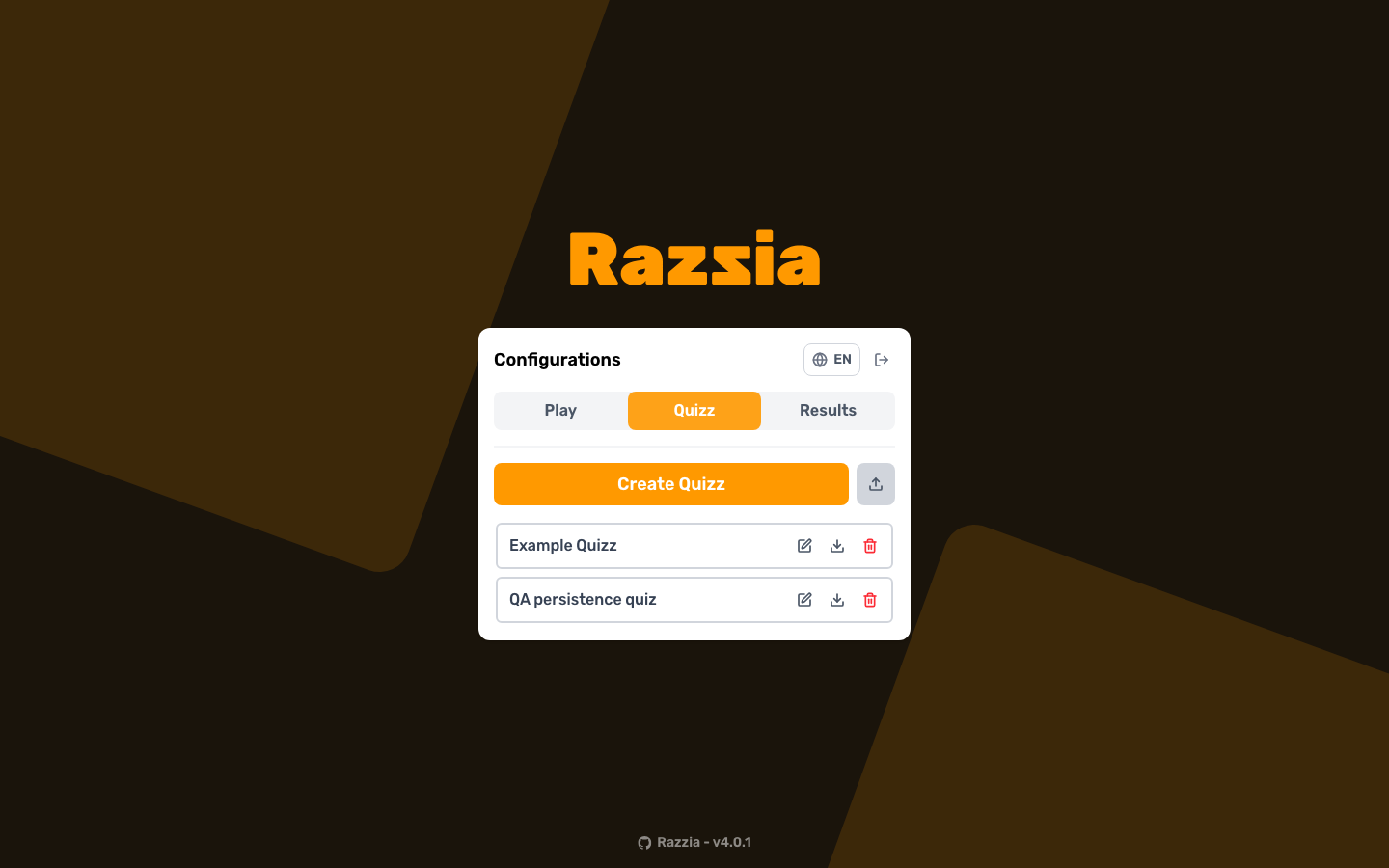 The Razzia manager quiz list showing the quizzes available to start a game