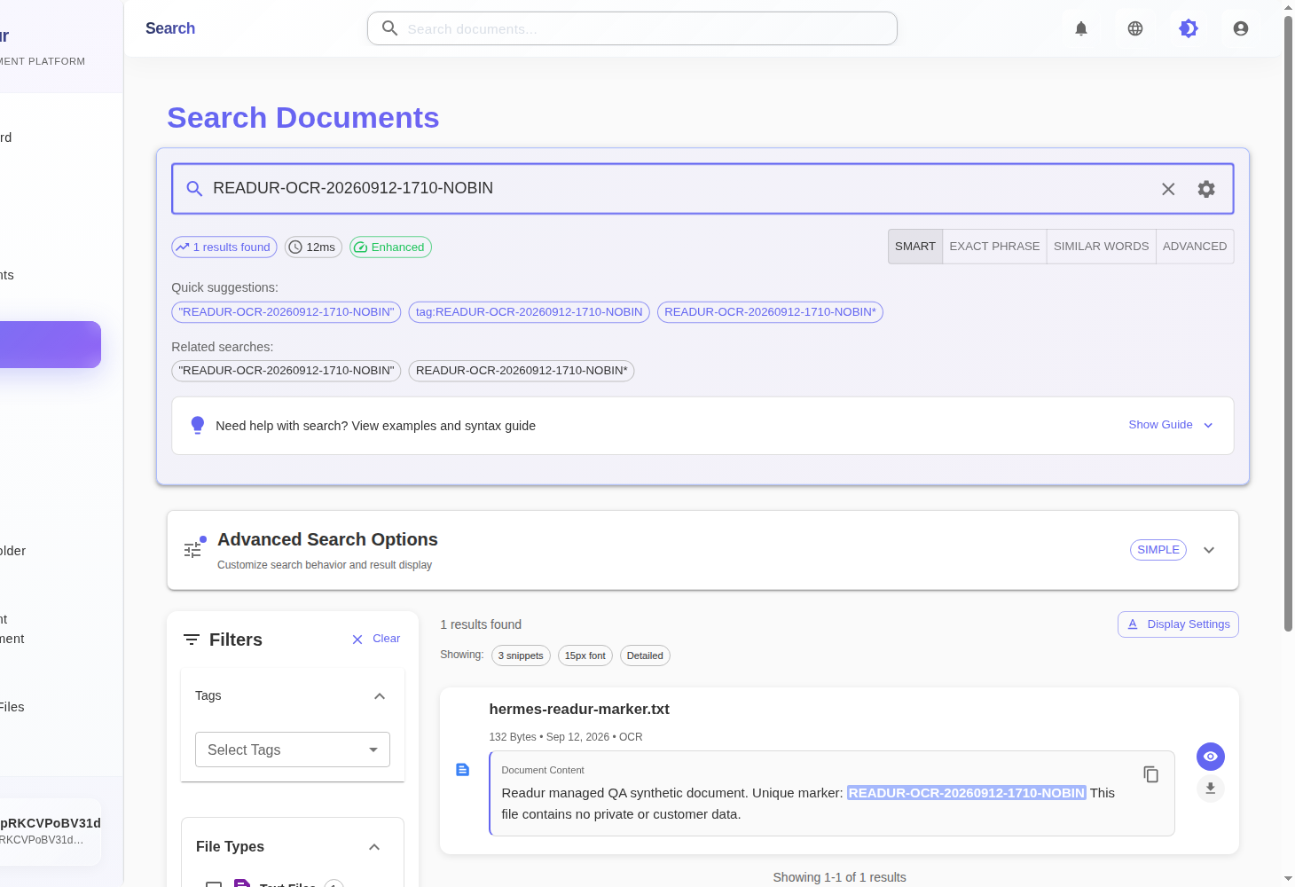 Readur search page showing a full-text match for a unique phrase inside an uploaded document, with filters and display settings