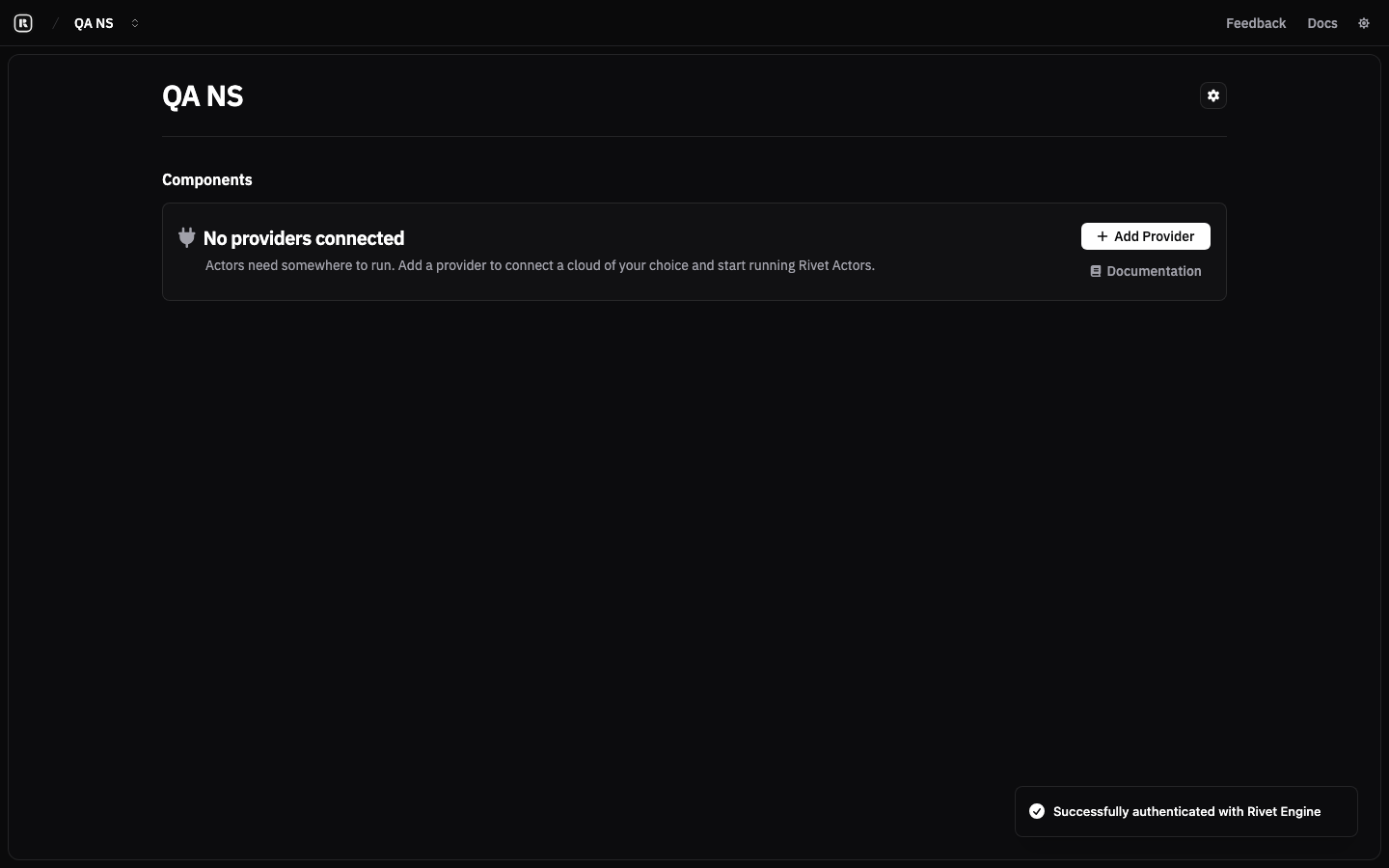 The Rivet dashboard after signing in with the admin token, showing a namespace with no providers connected