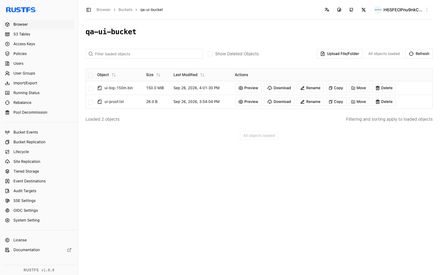 RustFS showing the same buckets and objects after an xCloud Restart