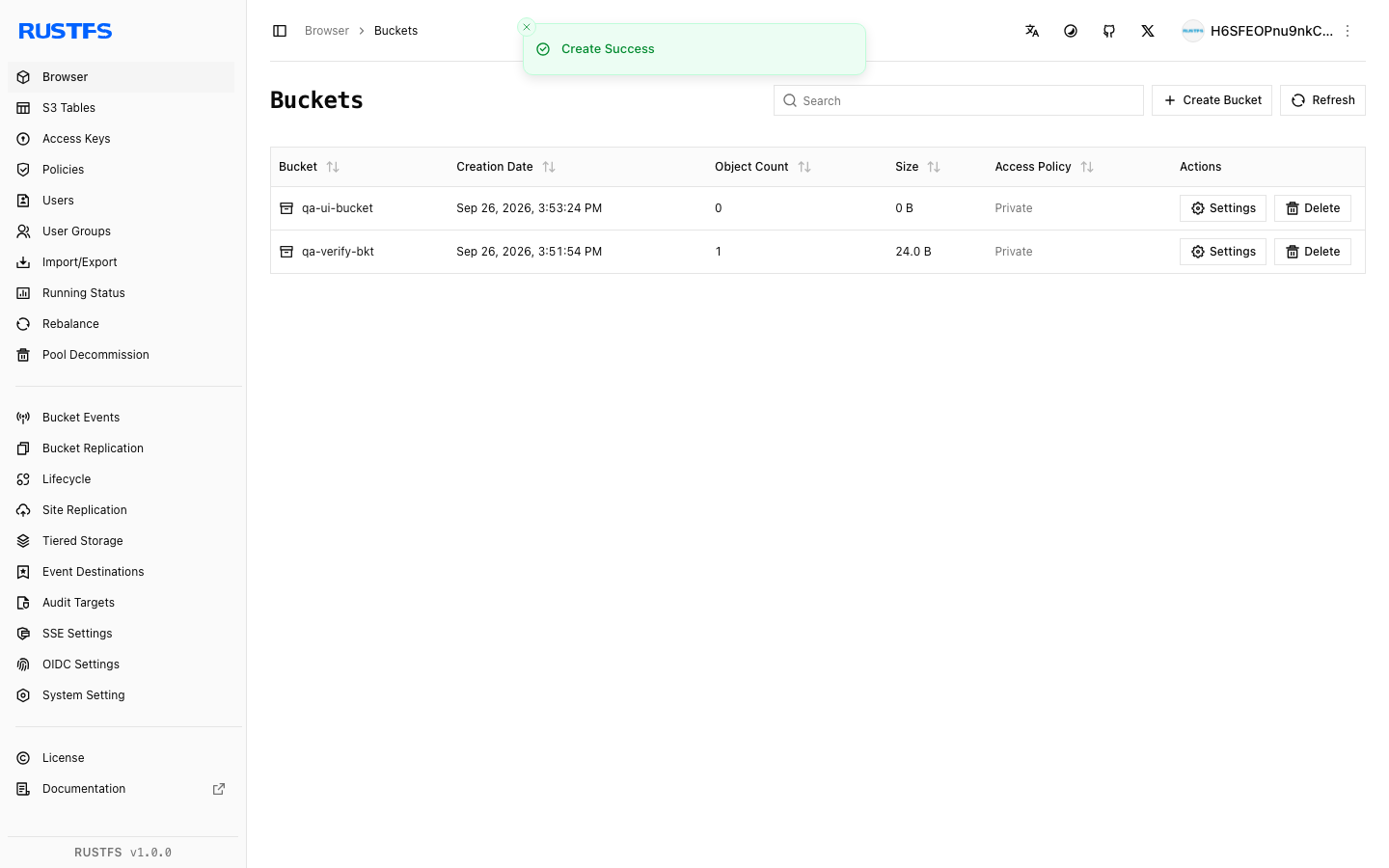 A bucket created in the RustFS web console