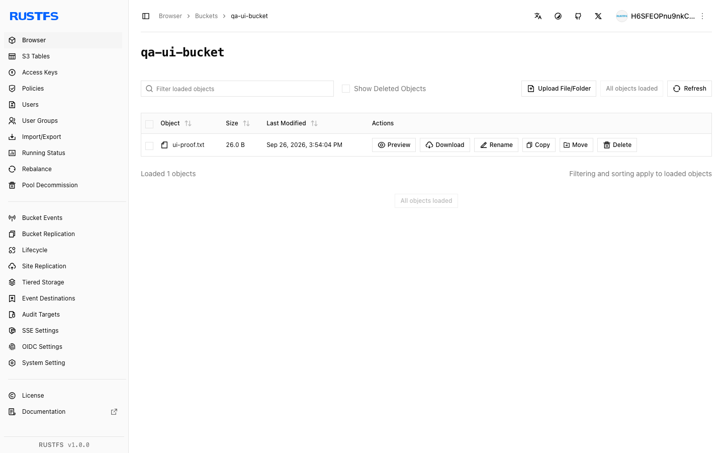 An object uploaded to a bucket in the RustFS web console