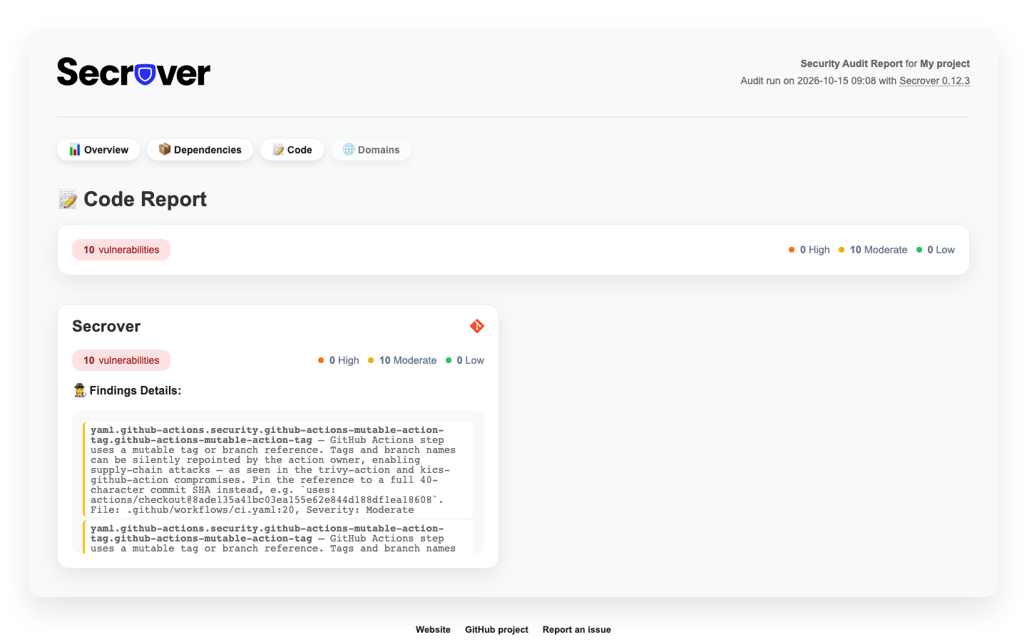 Secrover code audit report listing static analysis findings