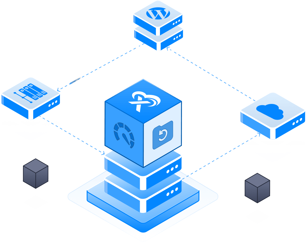 An xCloud server stack linked to WordPress, a control panel and a cloud provider
