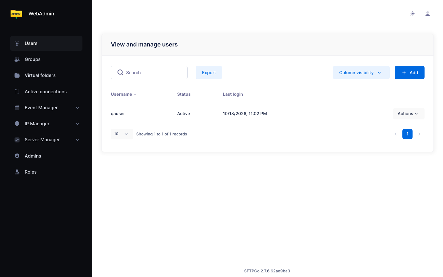 SFTPGo web admin dashboard after signing in as admin