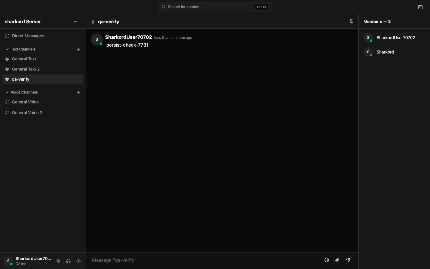 Sharkord server with text and voice channels in the sidebar and a message posted in a text channel
