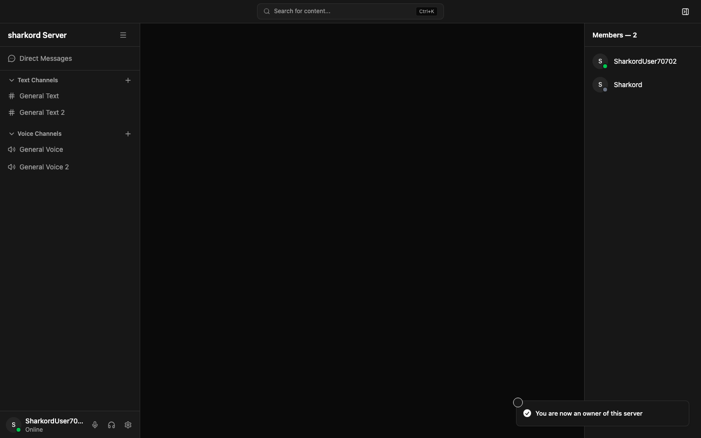 Sharkord showing the confirmation "You are now an owner of this server" after claiming ownership