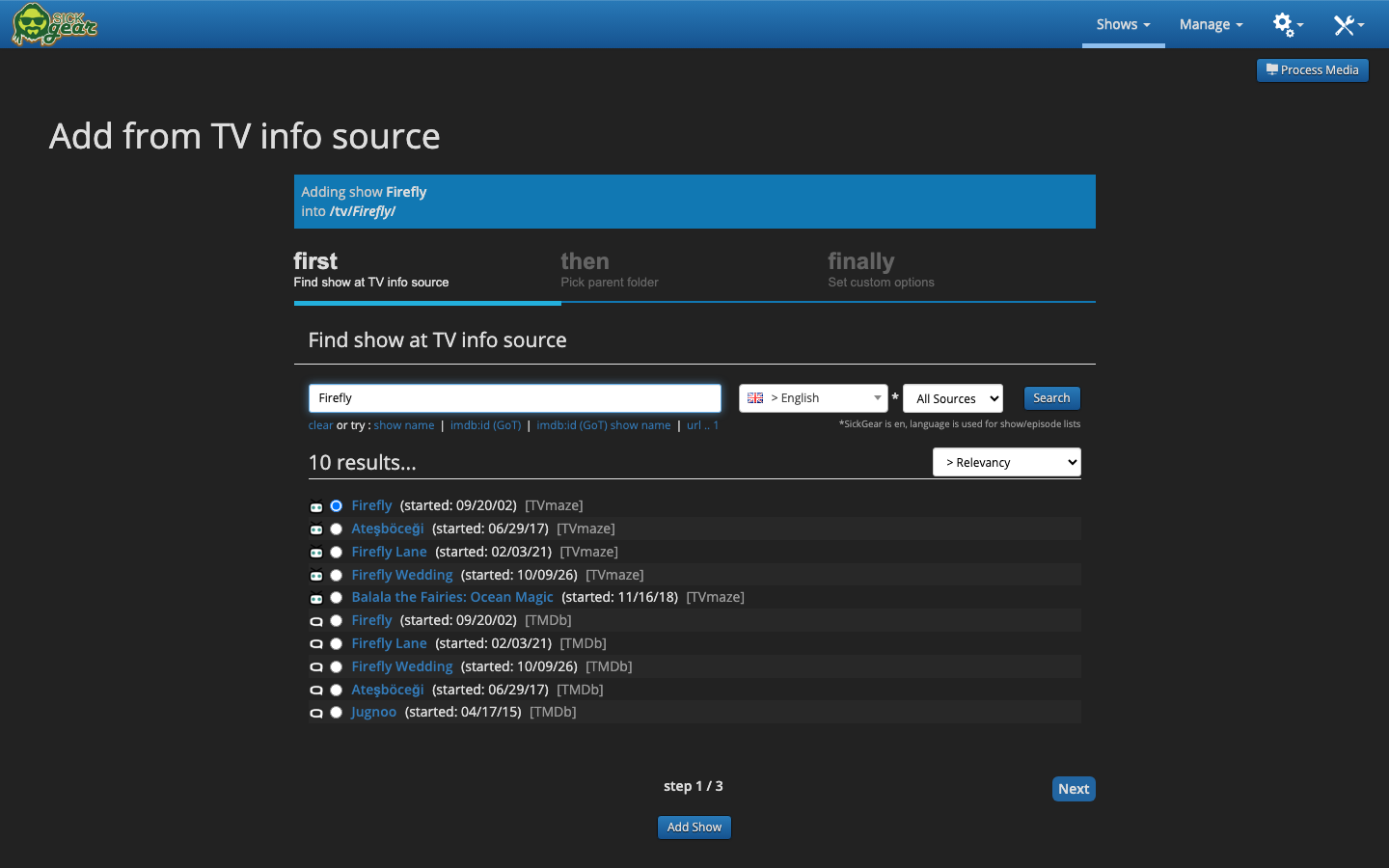 SickGear Add Shows page searching TV info sources for a show before picking a parent folder