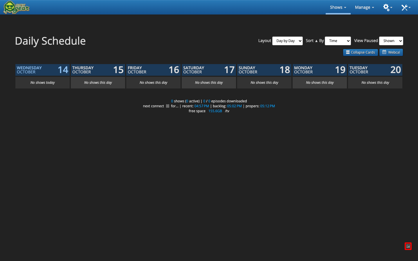 SickGear Daily Schedule page in the Day by Day layout after sign-in, with the /tv library volume shown at the bottom