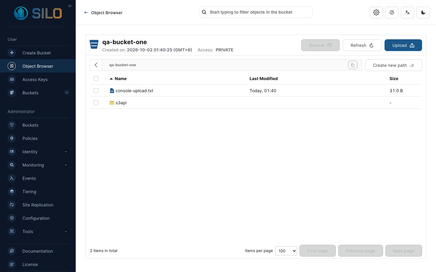 The same bucket and object still present in Silo after an xCloud restart