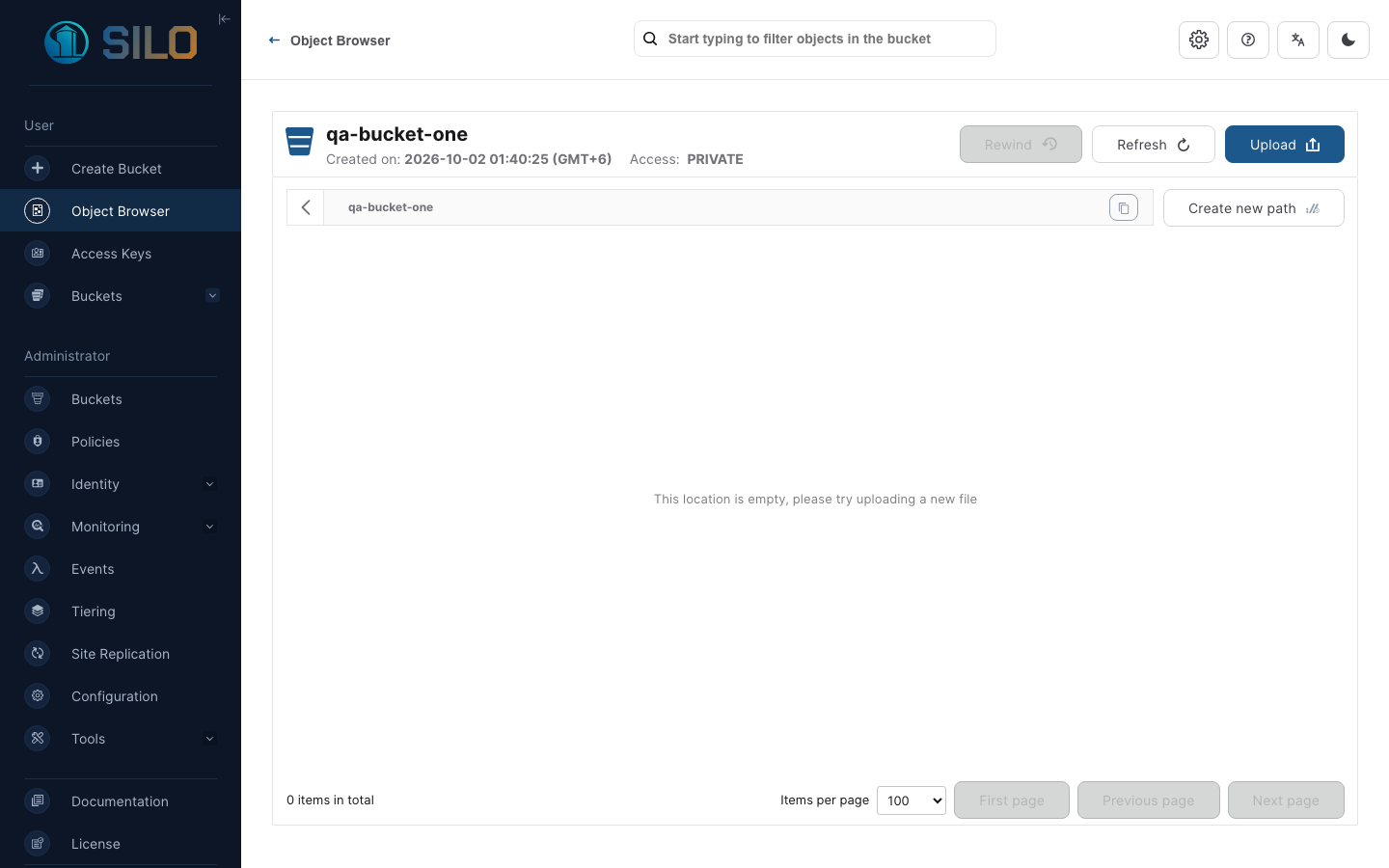 A newly created bucket in the Silo web console
