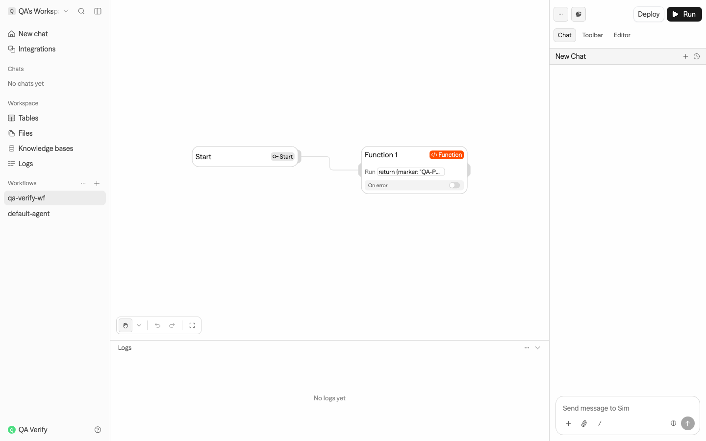 The Sim workflow editor still showing the saved workflow after an xCloud Restart