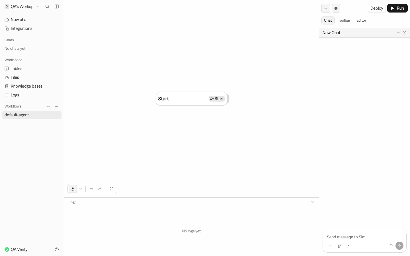 Sim visual workflow canvas with agent and tool blocks