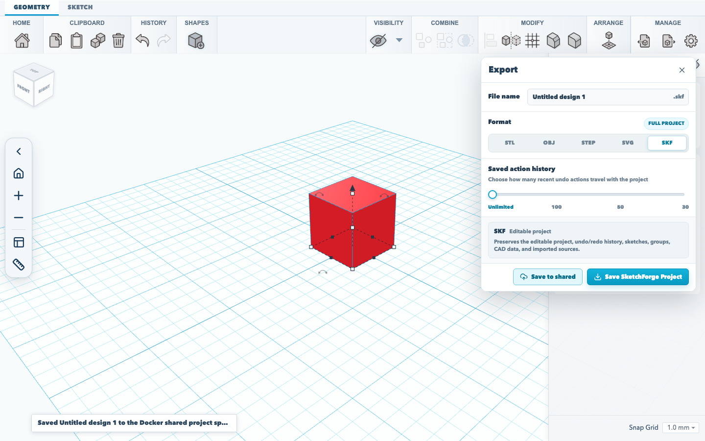 SketchForge after saving a design to the shared project library