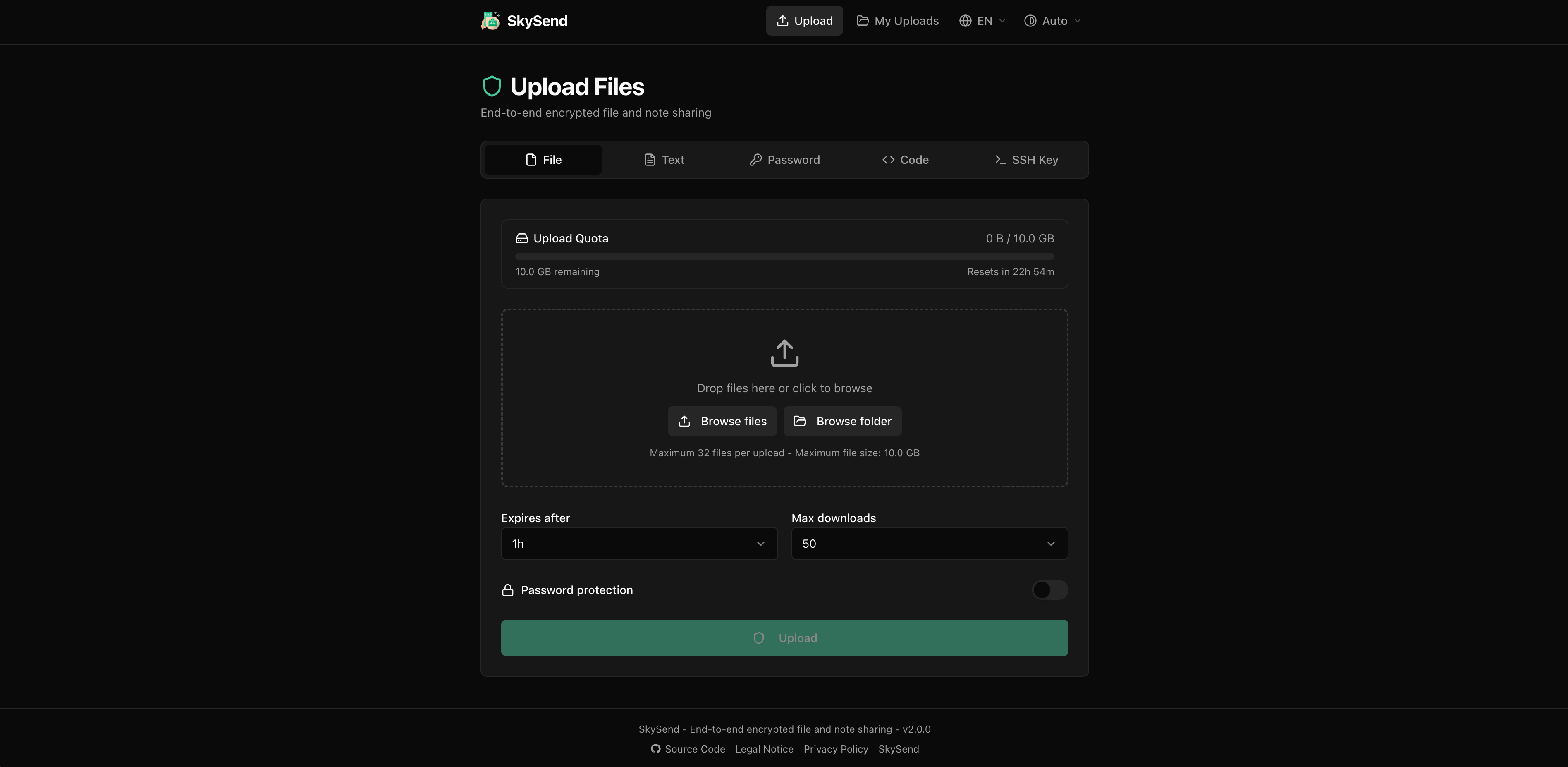 SkySend's upload page for sharing files and encrypted notes