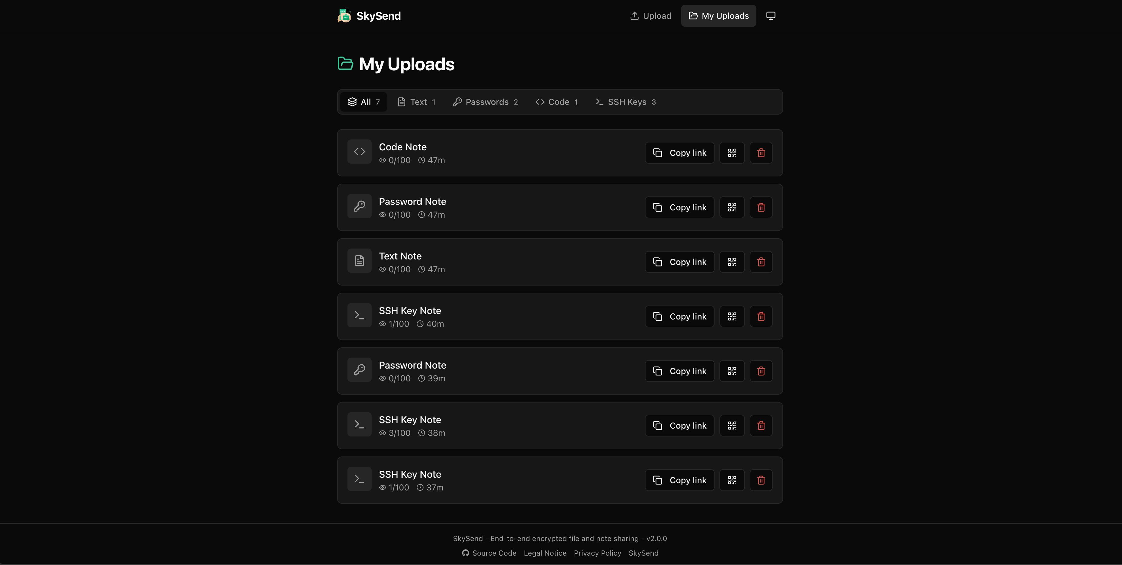 SkySend's upload dashboard listing shares with expiry and download counts