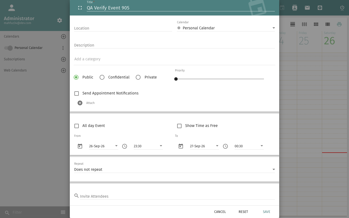 The SOGo event editor open over the week calendar view