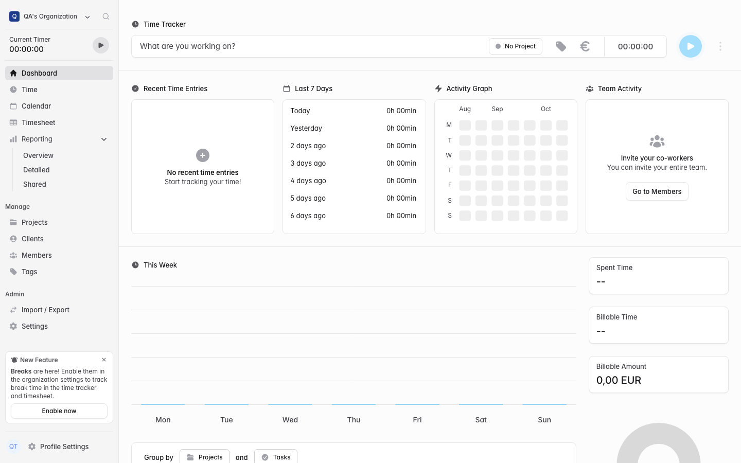 solidtime dashboard after registering the first account