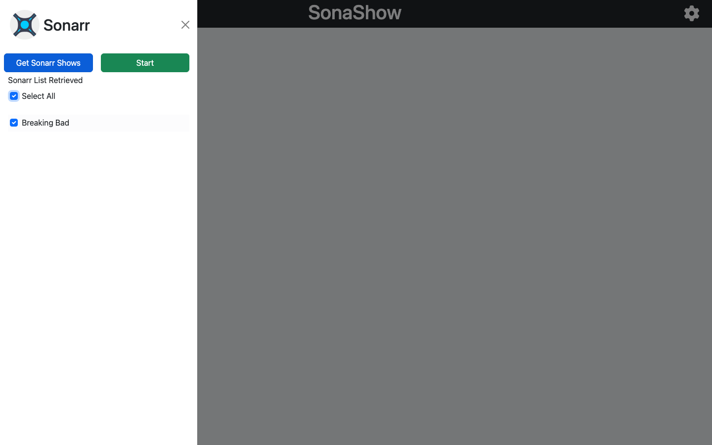 SonaShow listing the shows loaded from a Sonarr library