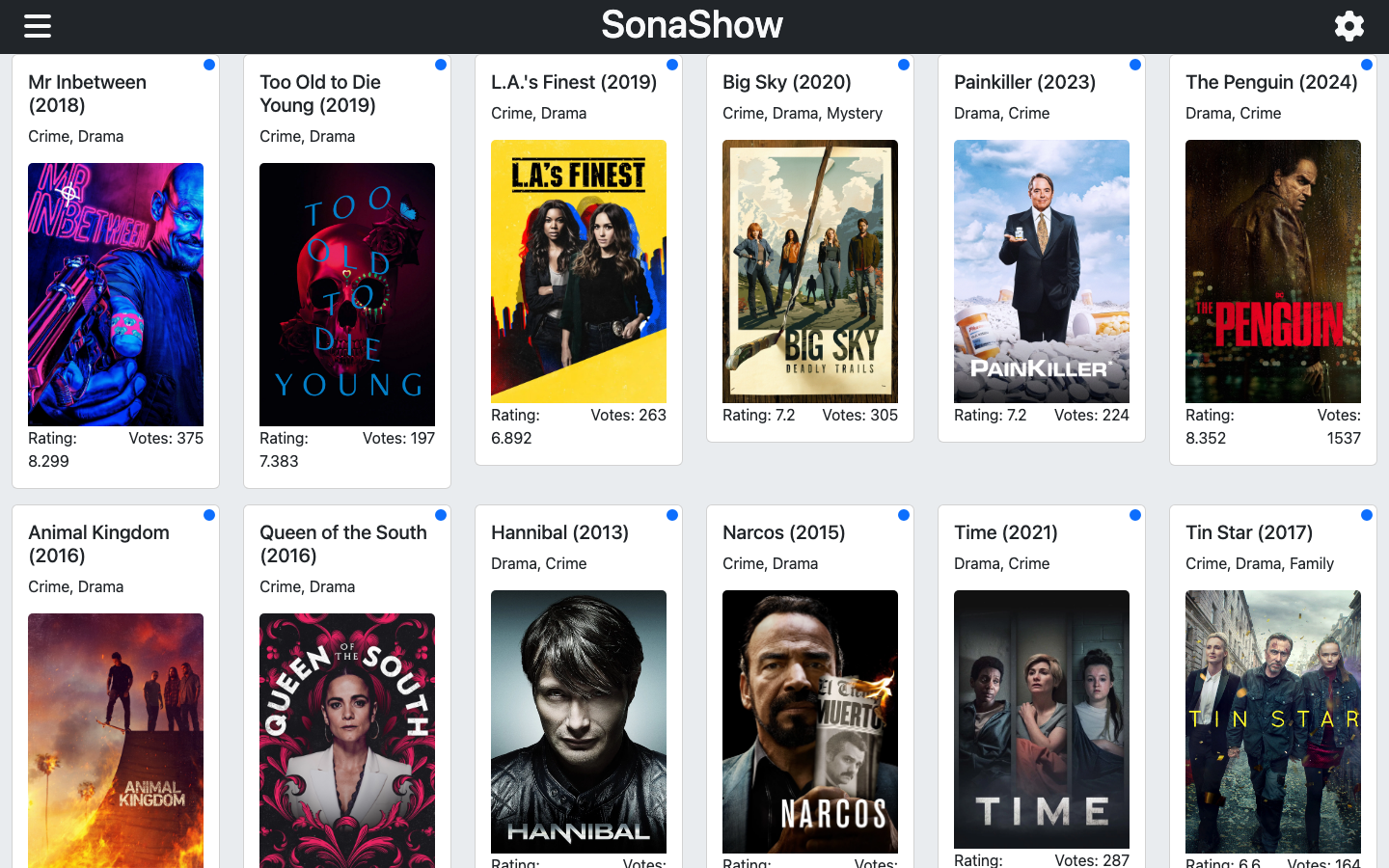 SonaShow showing similar-show suggestions with rating, votes and genres