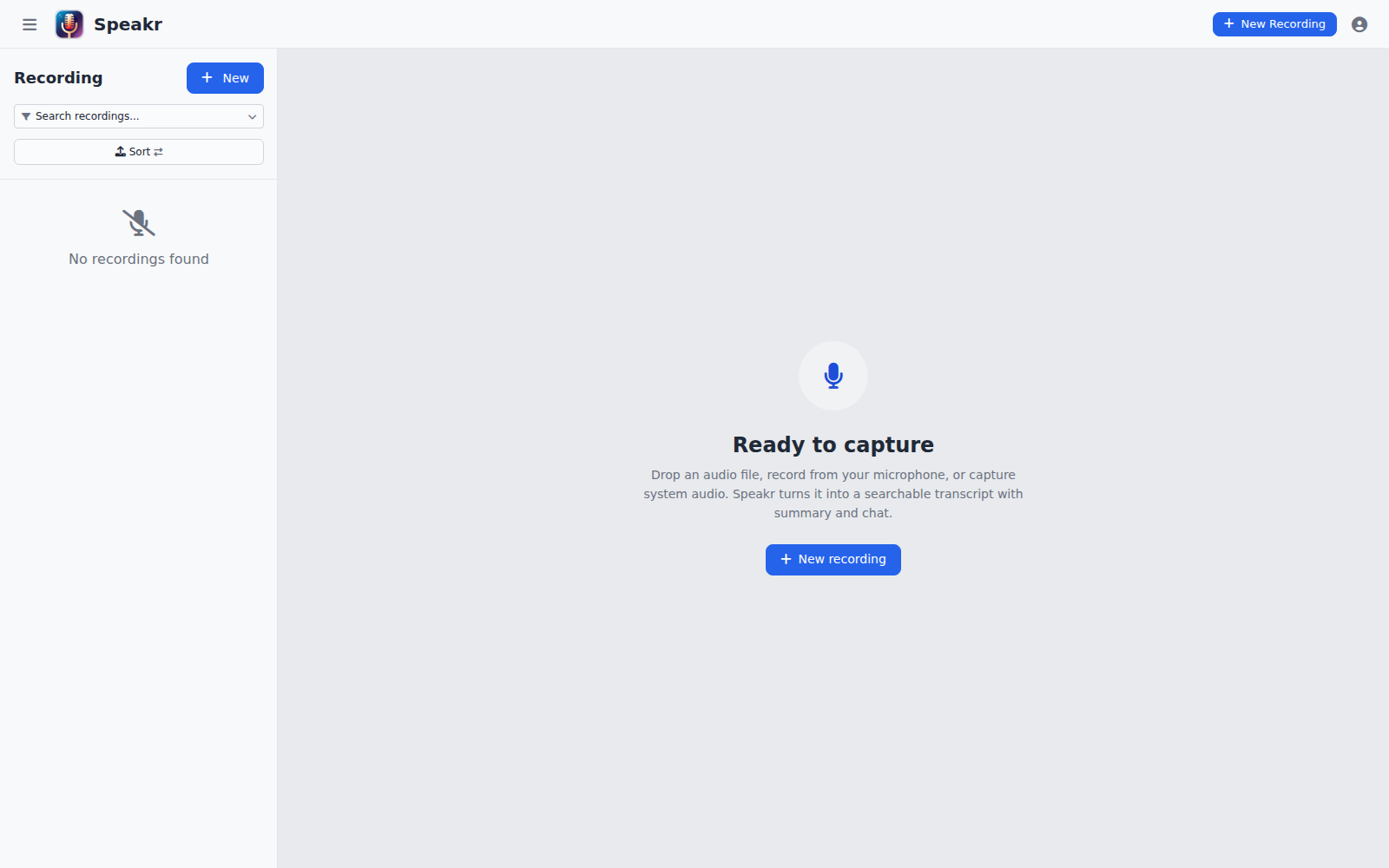Speakr's recording library and capture screen after sign-in