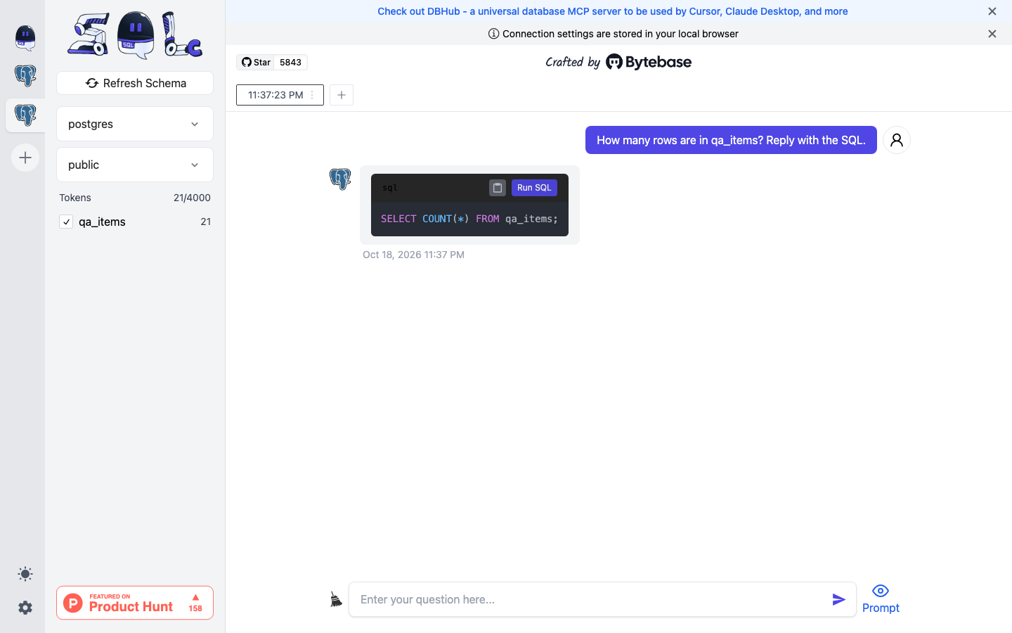 A SQL Chat conversation where the assistant answers with SQL