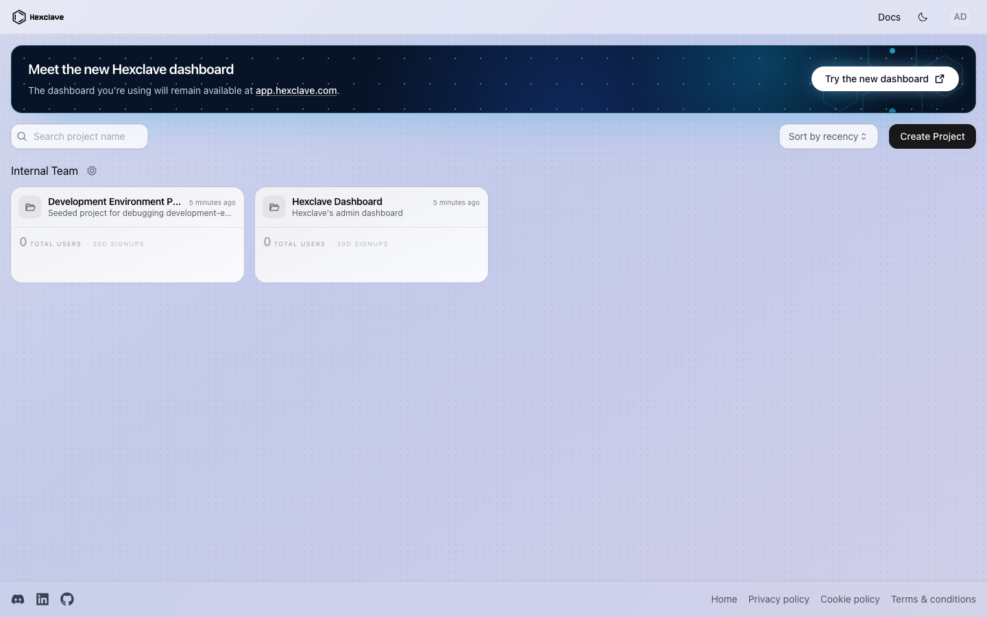 The Stack Auth dashboard after signing in as the administrator
