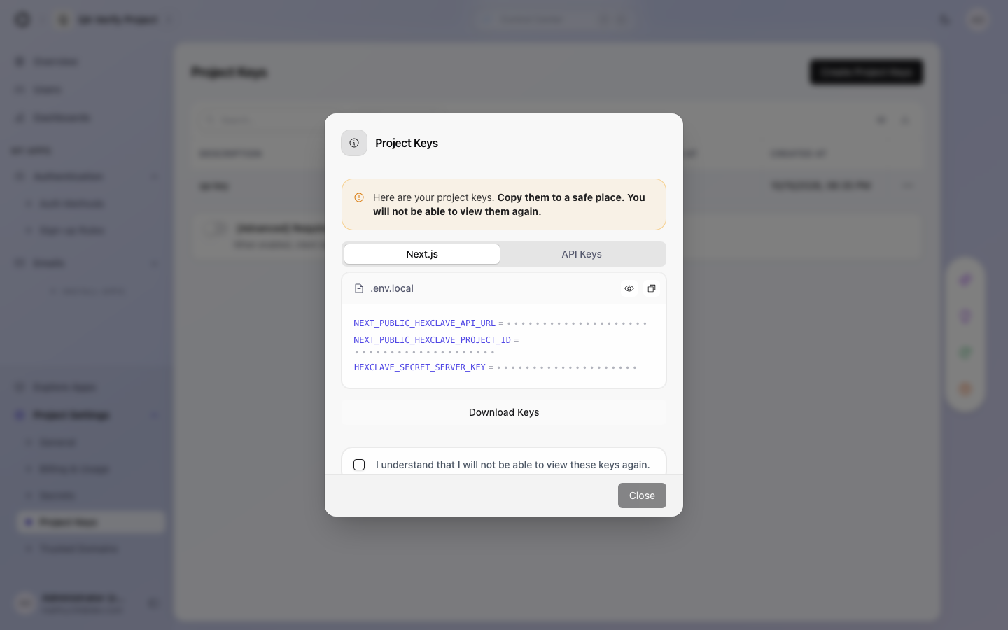 Project keys created in the Stack Auth dashboard