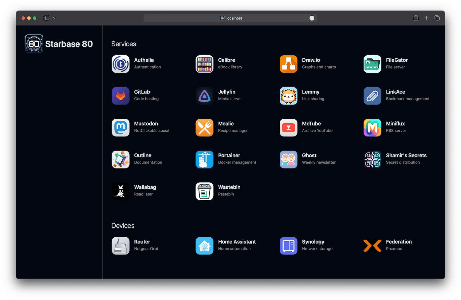 The Starbase 80 start page in dark mode, showing the same categories of service tiles