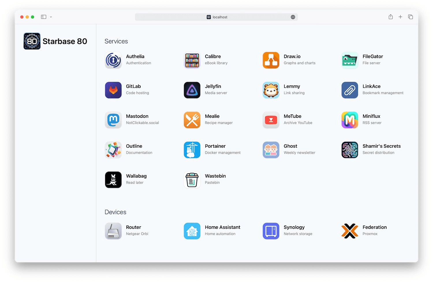 The Starbase 80 start page in light mode, showing categories of service tiles with icons