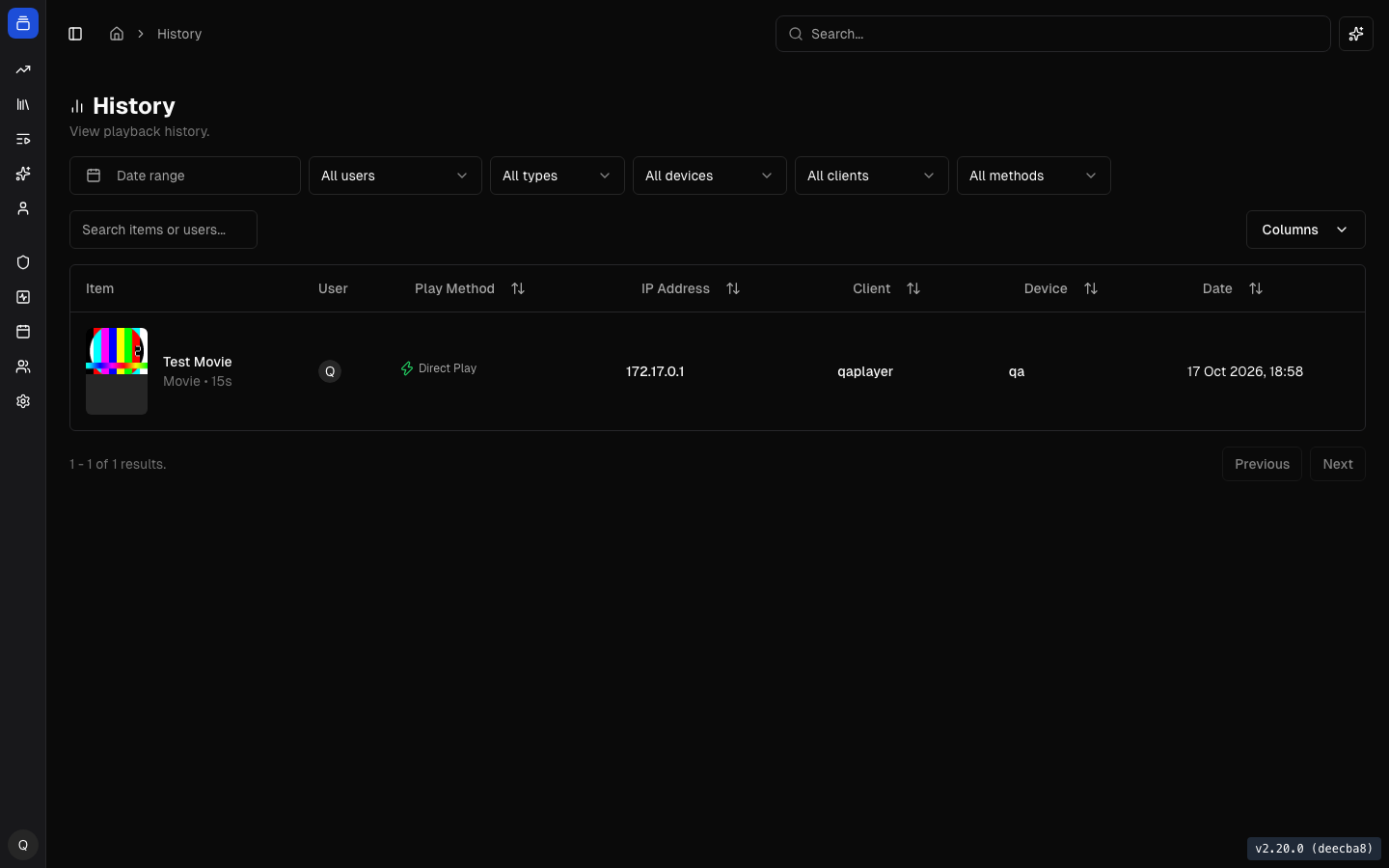 Streamystats watch history page showing a synced playback