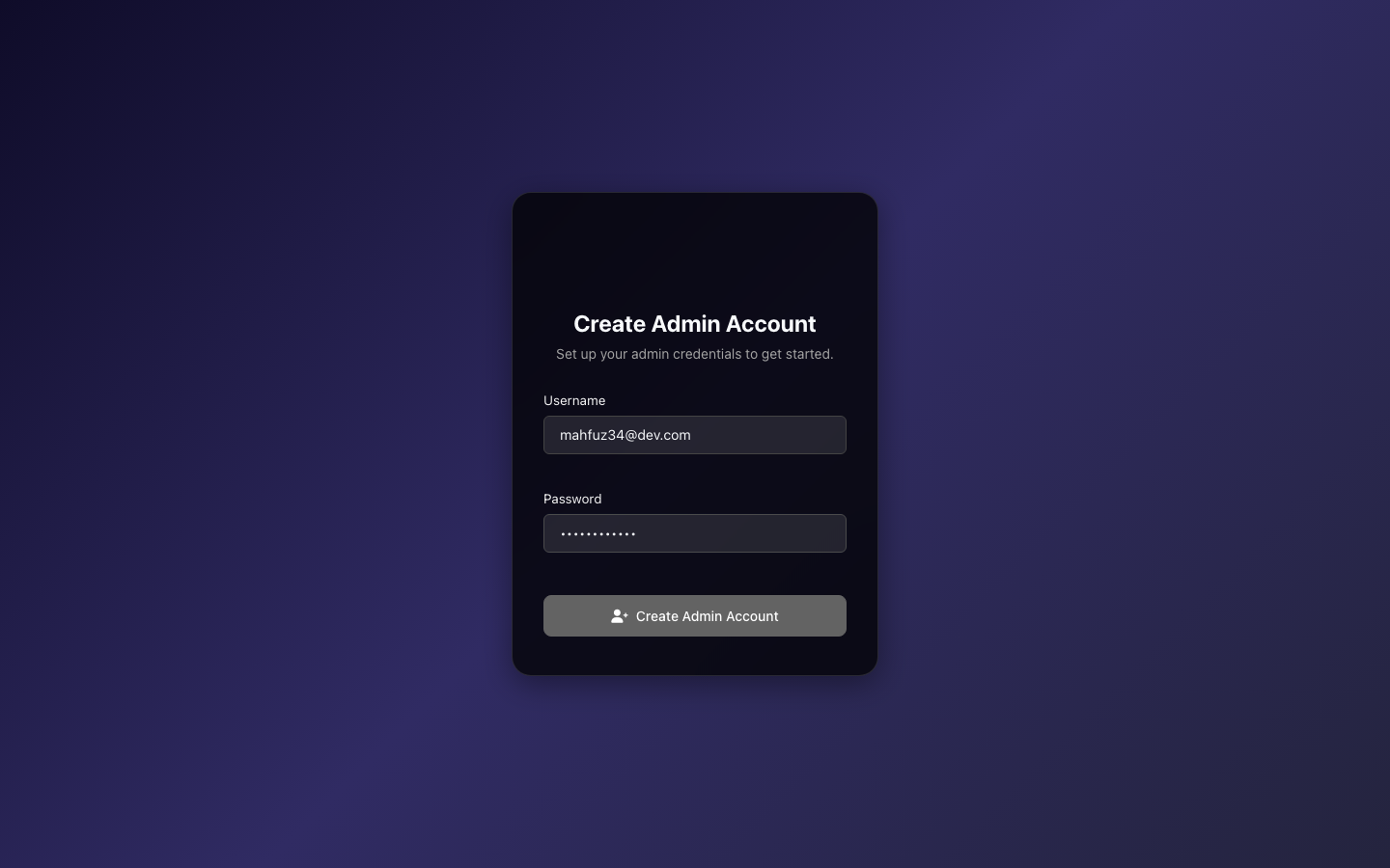 SuggestArr Create Admin Account form shown to the first visitor