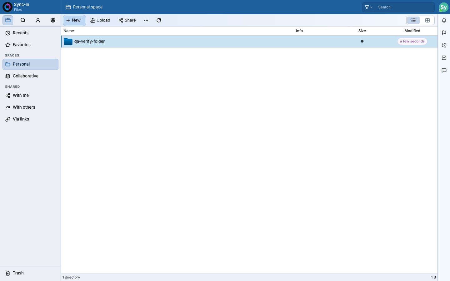 A new folder created in the Personal space of the Sync-in web interface