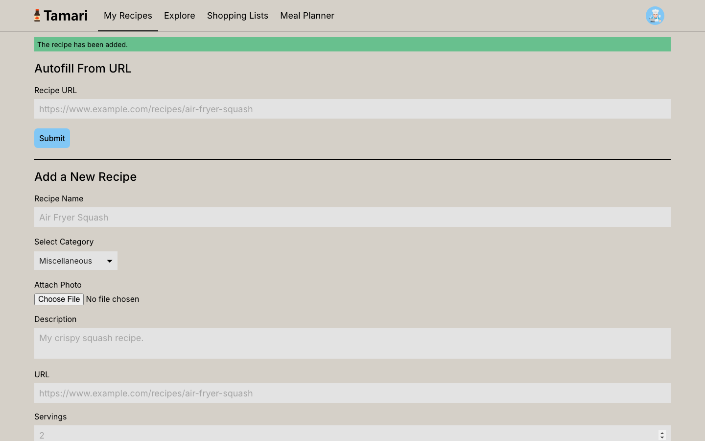 Tamari's add-recipe page with an Autofill From URL field above the new recipe form