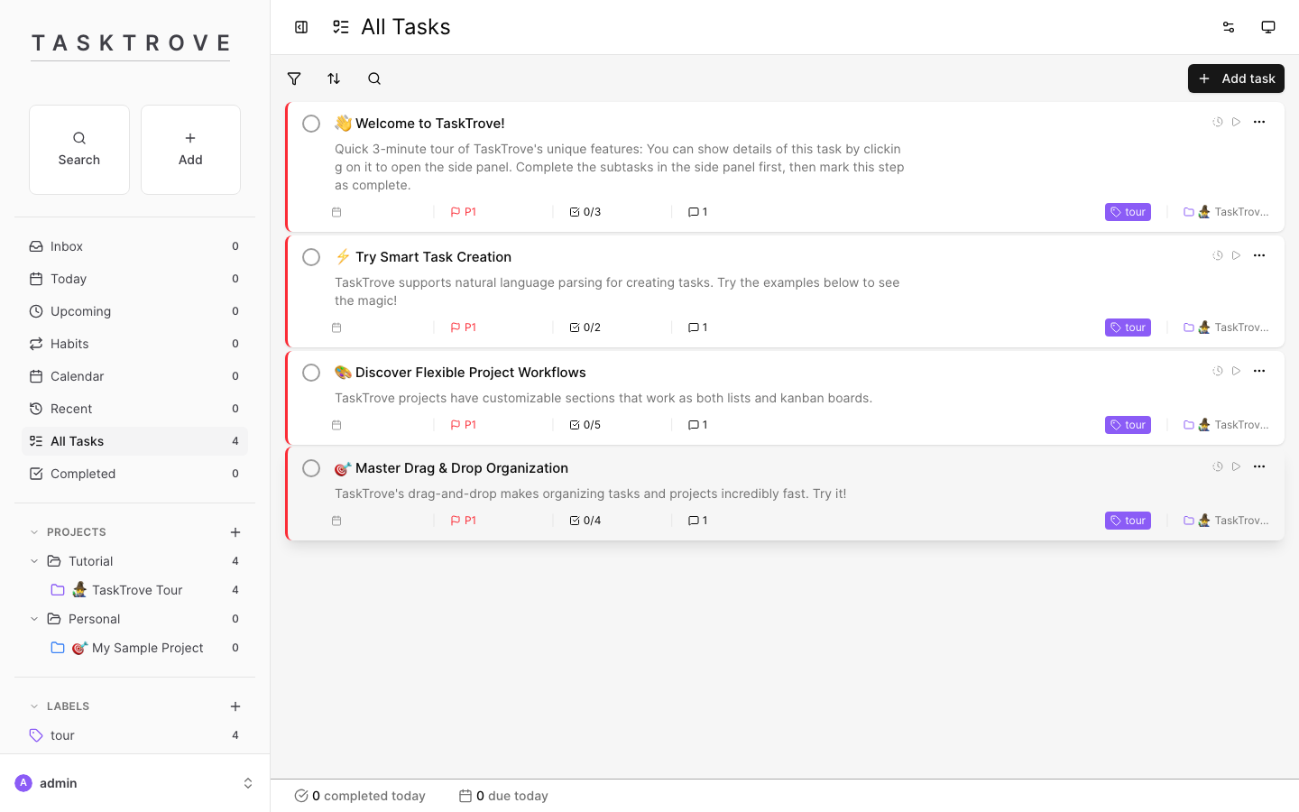 TaskTrove All Tasks view with projects, labels and Add task button after signing in on a self-hosted install