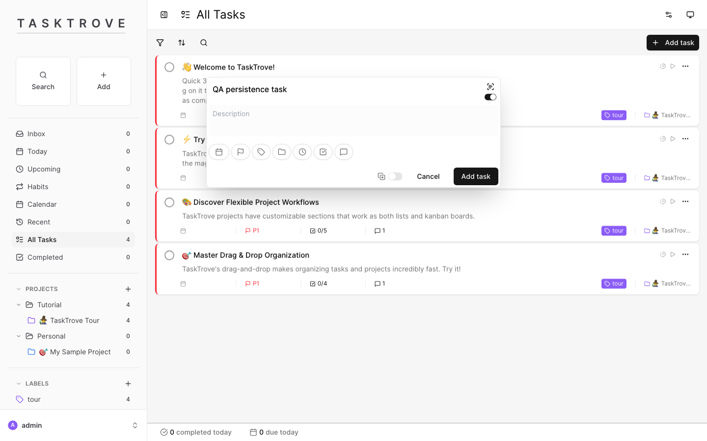 TaskTrove Add task dialog with date, priority, label, project, reminder and subtask options