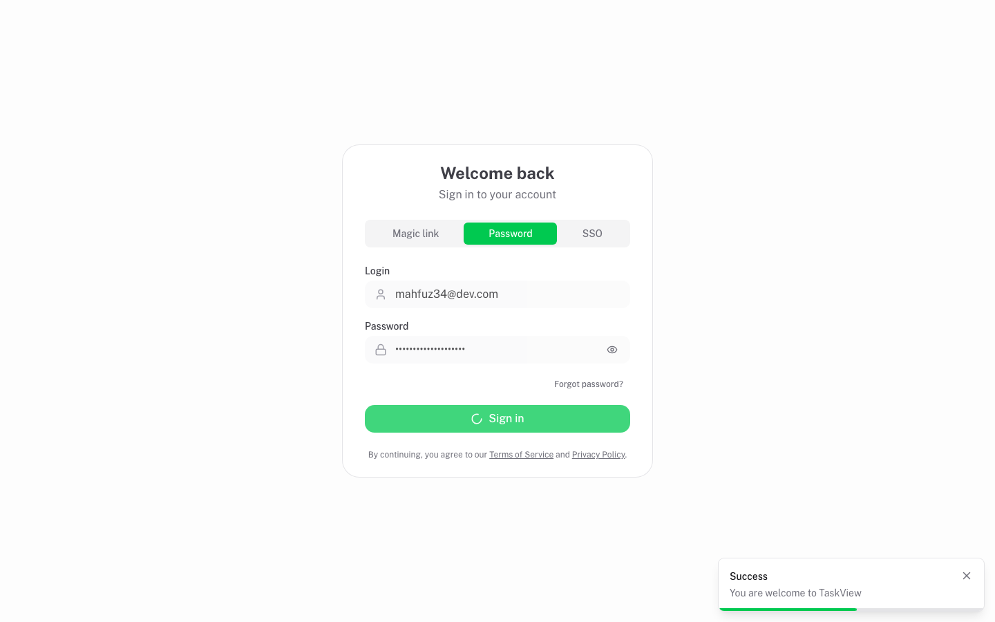 TaskView workspace after signing in on a self-hosted install