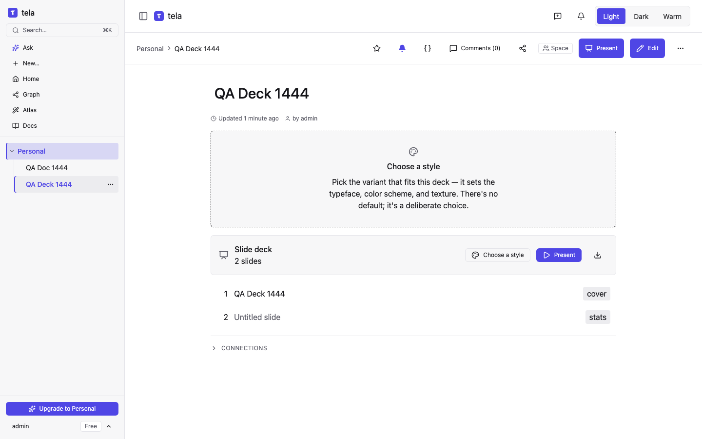 A Tela slide deck page with a Present button and a list of slides