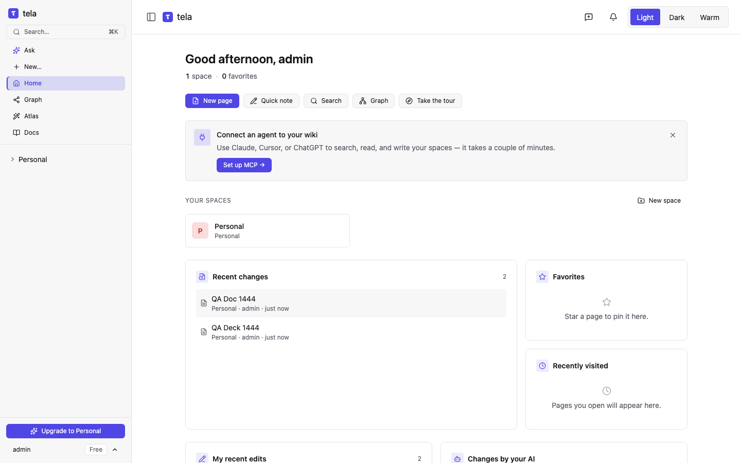 The Tela home page with spaces, recent changes and quick actions