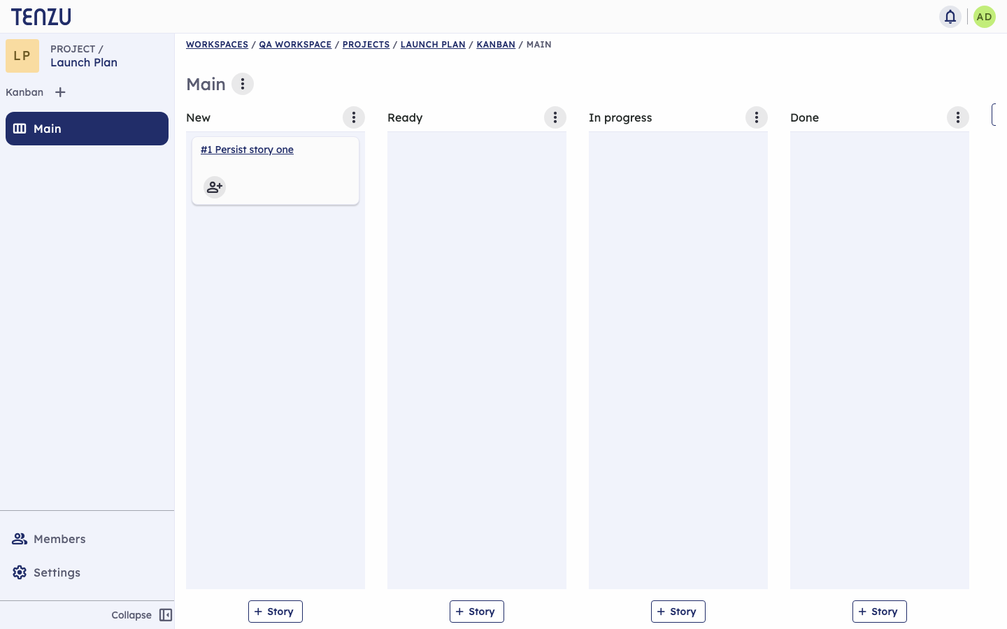A Tenzu kanban board with a story in a status column
