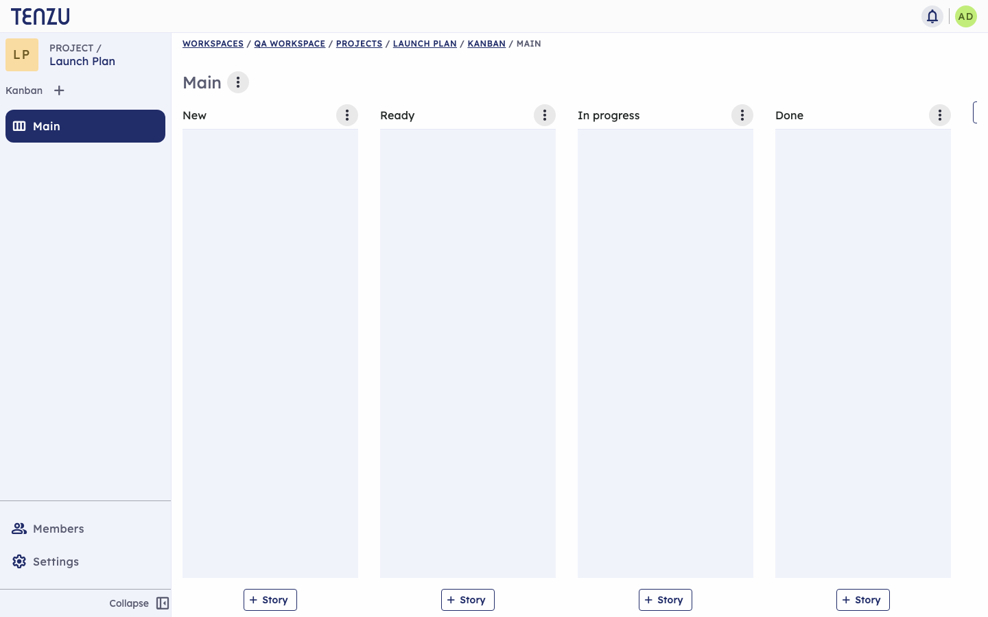 A Tenzu project board on a self-hosted instance