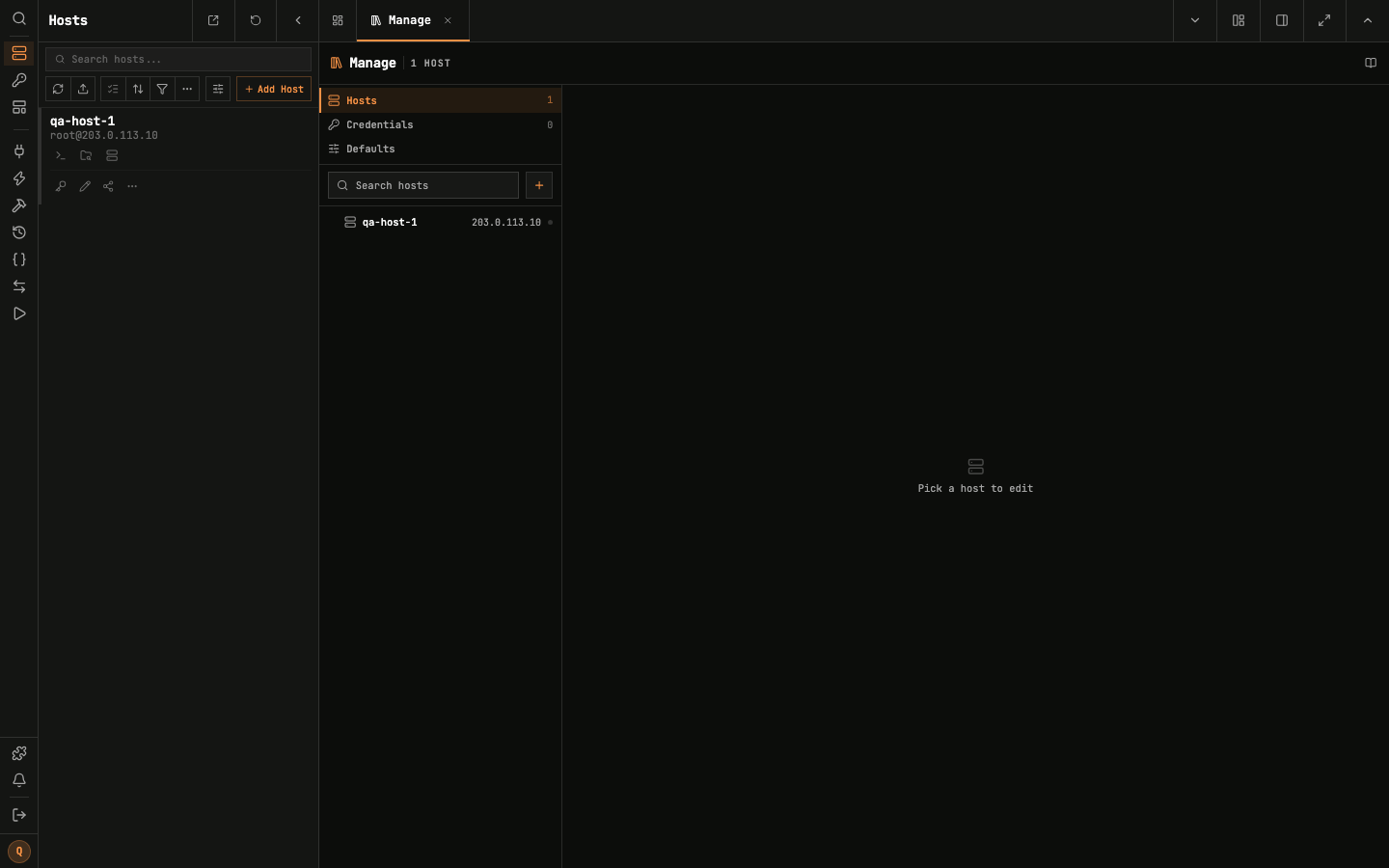 A saved host in the Termix host manager