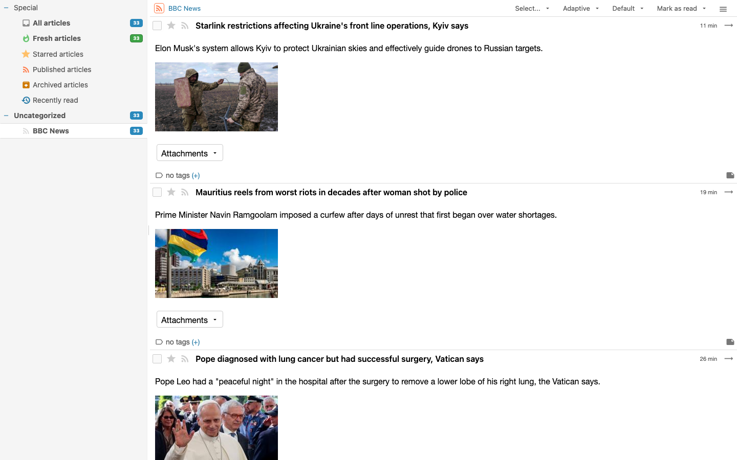 Fetched articles listed in Tiny Tiny RSS