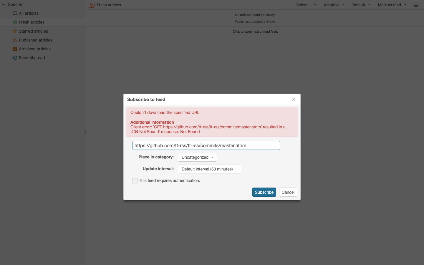Adding a feed in Tiny Tiny RSS