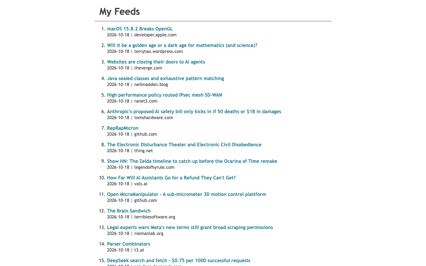 A tinyfeed page aggregating feeds into one static page