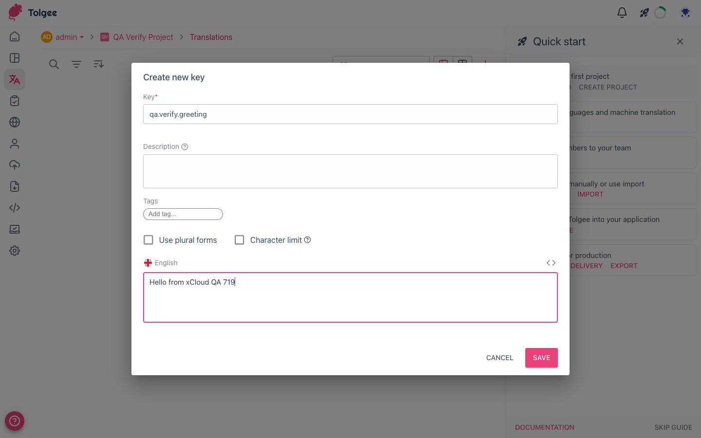 Adding a translation key in Tolgee's key dialog