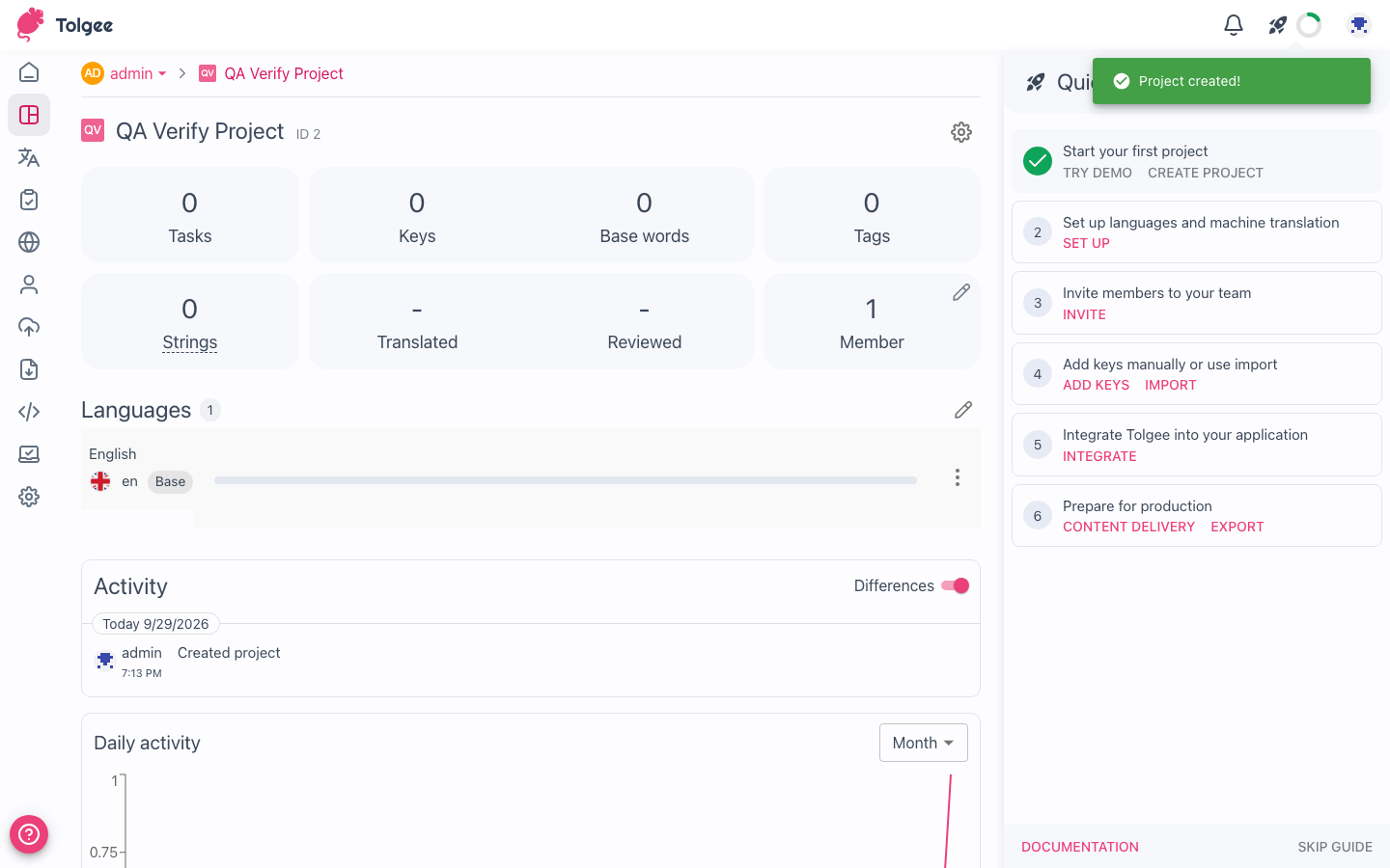 A newly created project in a self-hosted Tolgee instance