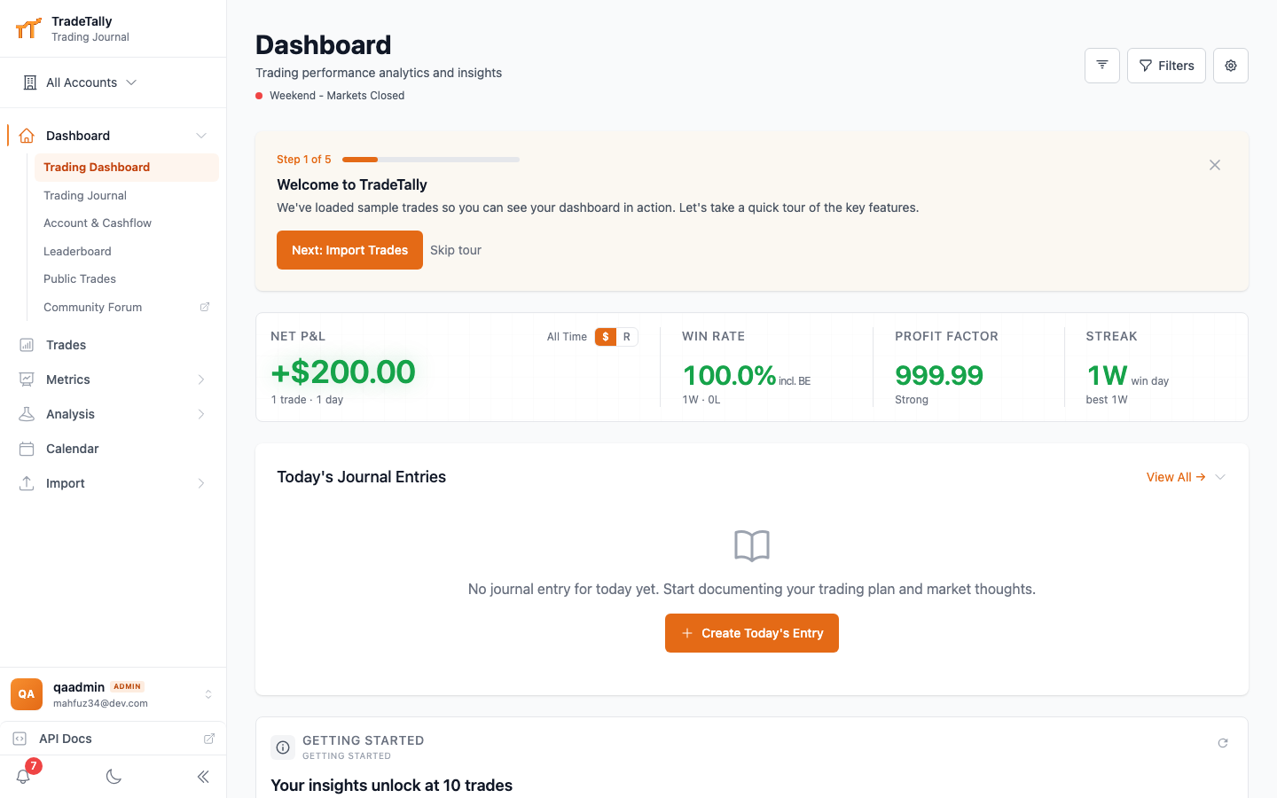 TradeTally dashboard with performance analytics