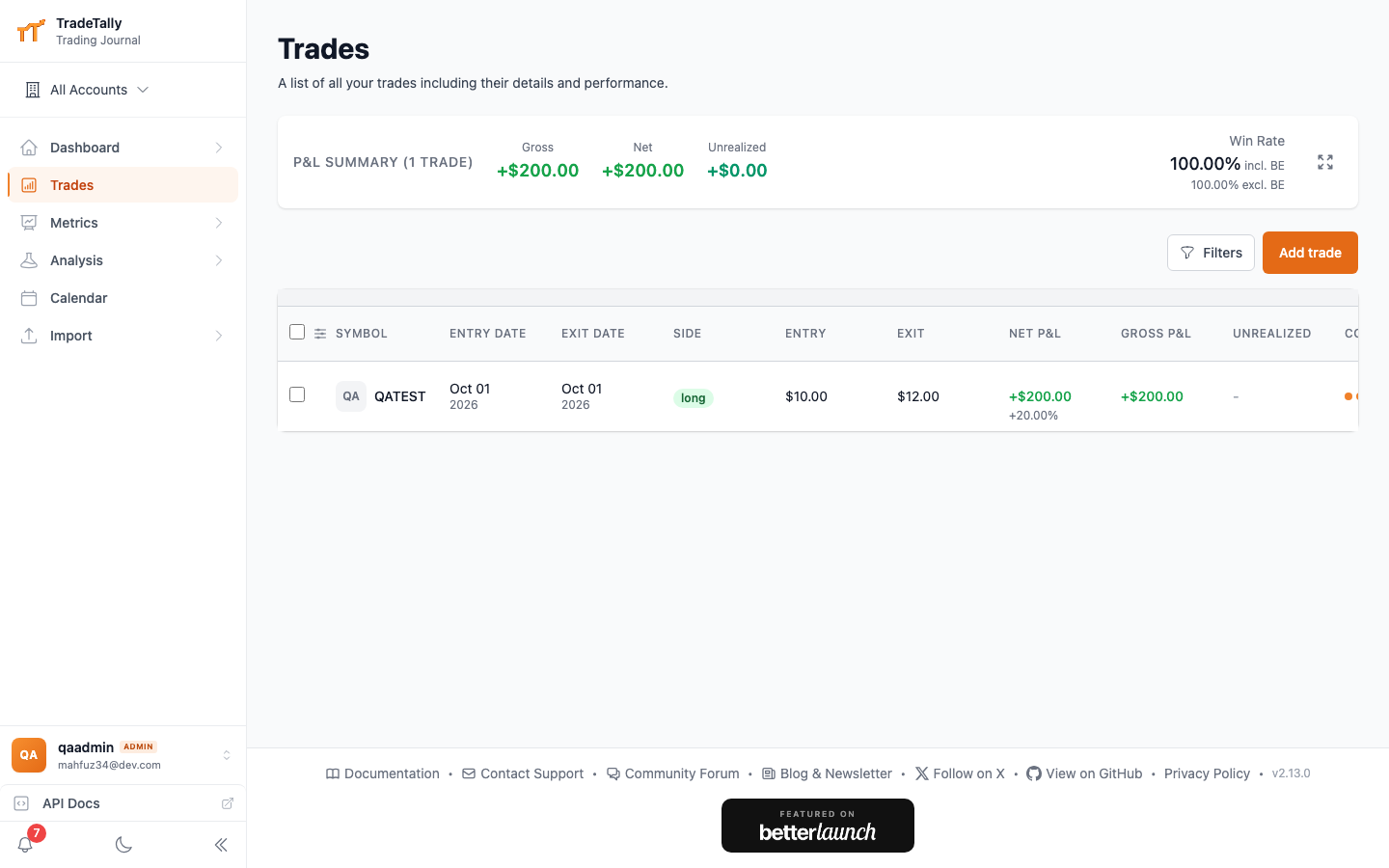 TradeTally trades list showing imported trades